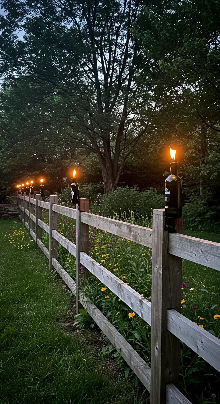 A rustic wooden fence line with dark green bottle torches mounted on the posts at dusk.