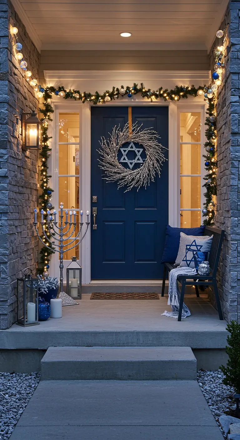 Hanukkah porch with a Star of David wreath, menorah, and blue and silver decor.