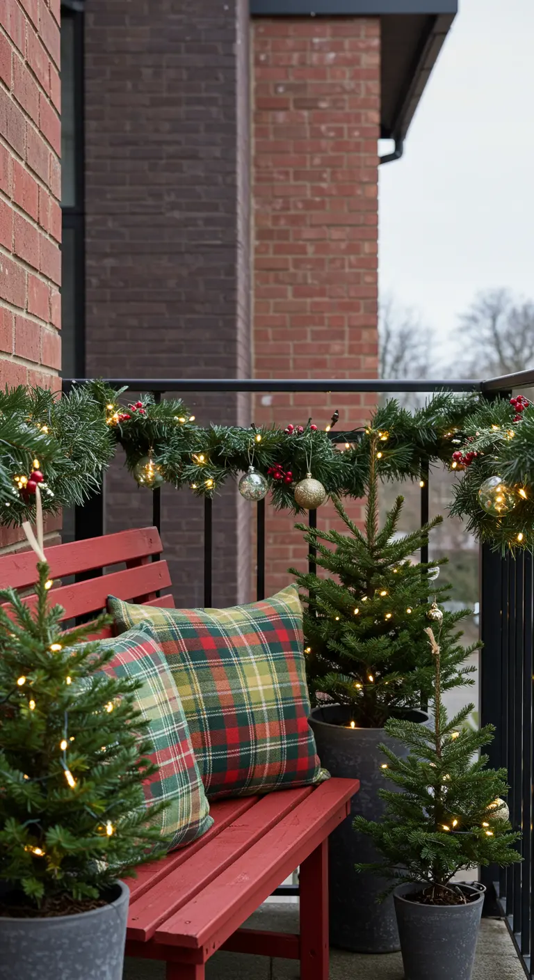 A red bench on a balcony decorated for Christmas with plaid pillows, a garland, and mini trees.