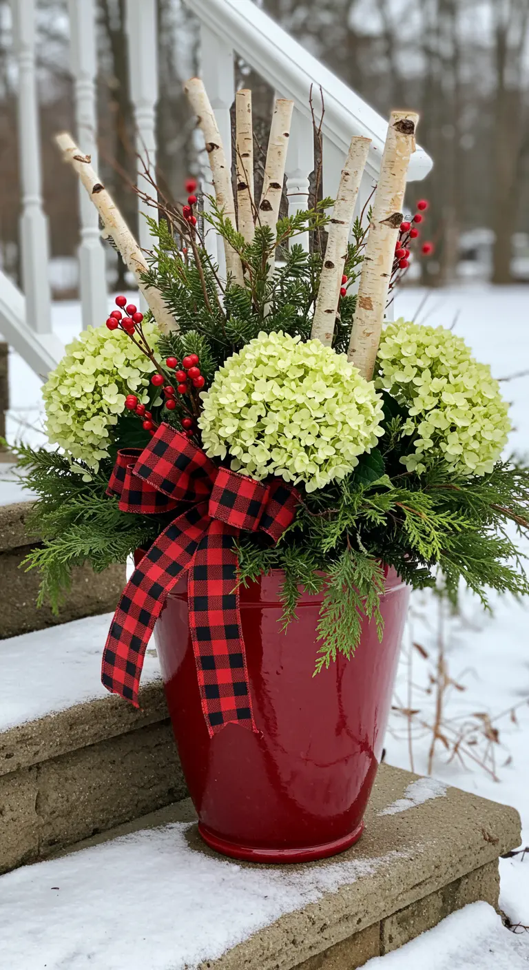 A festive red pot with birch logs, hydrangeas, red berries, and a plaid bow.