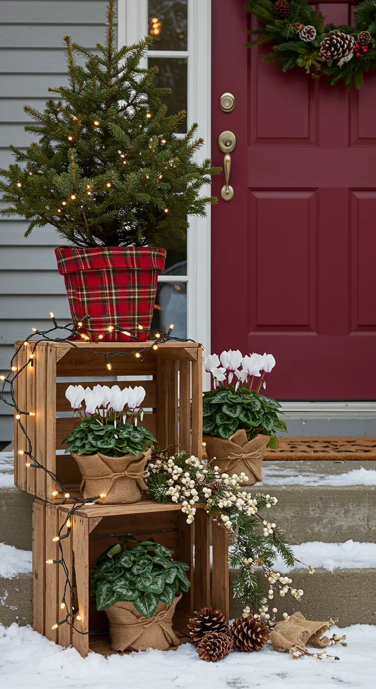 Stacked crates by a red door with a plaid planter, white cyclamen, fairy lights, and white berries.