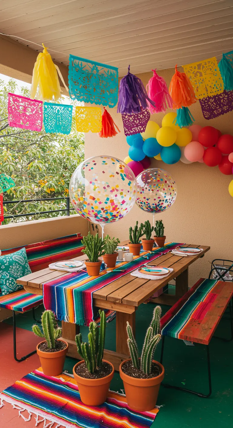 A fiesta-themed party table with colorful serape runners, cacti, and confetti balloons.