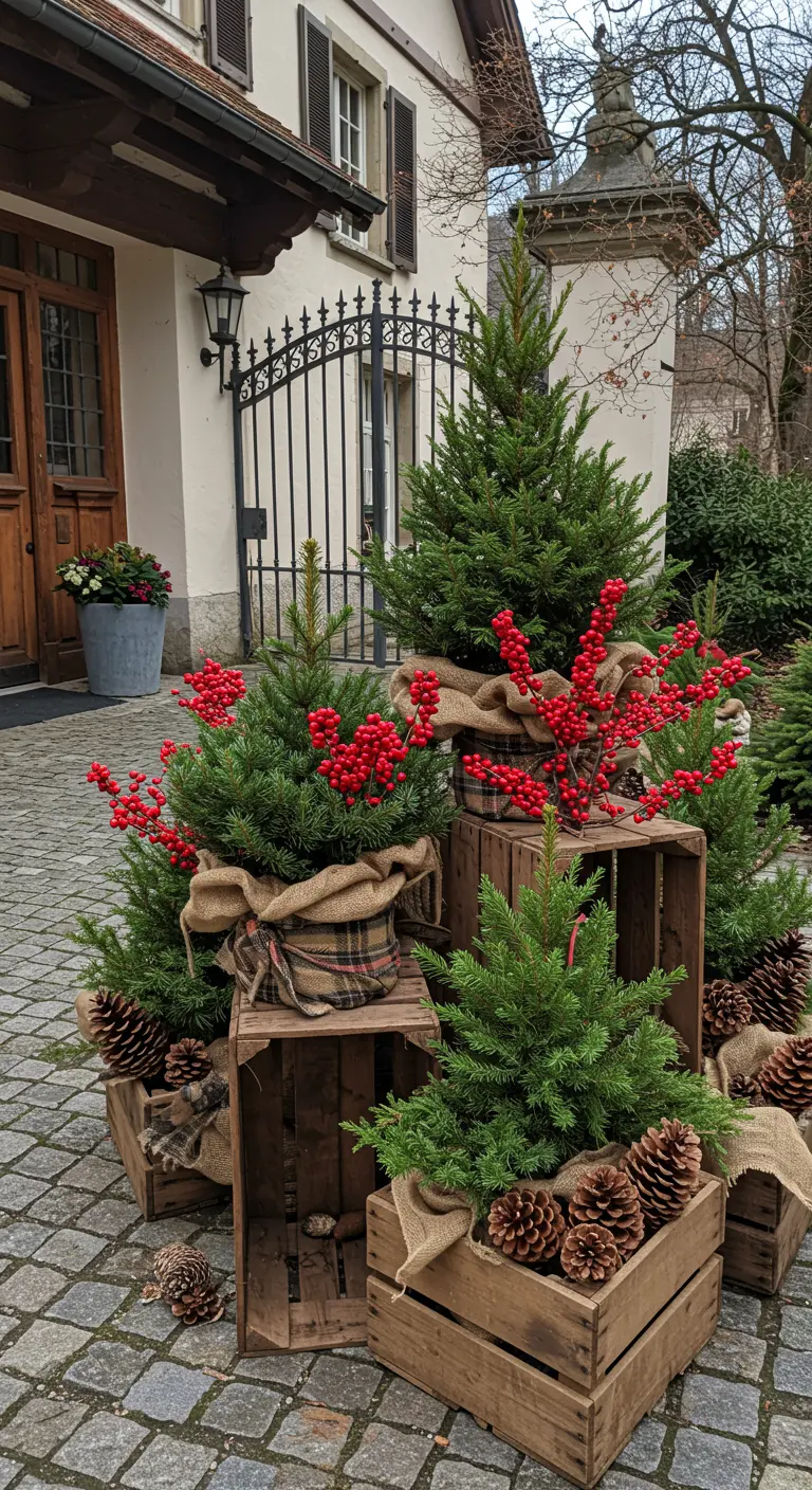 Entrance with small evergreens, red berries, burlap, plaid, and scattered pinecones.