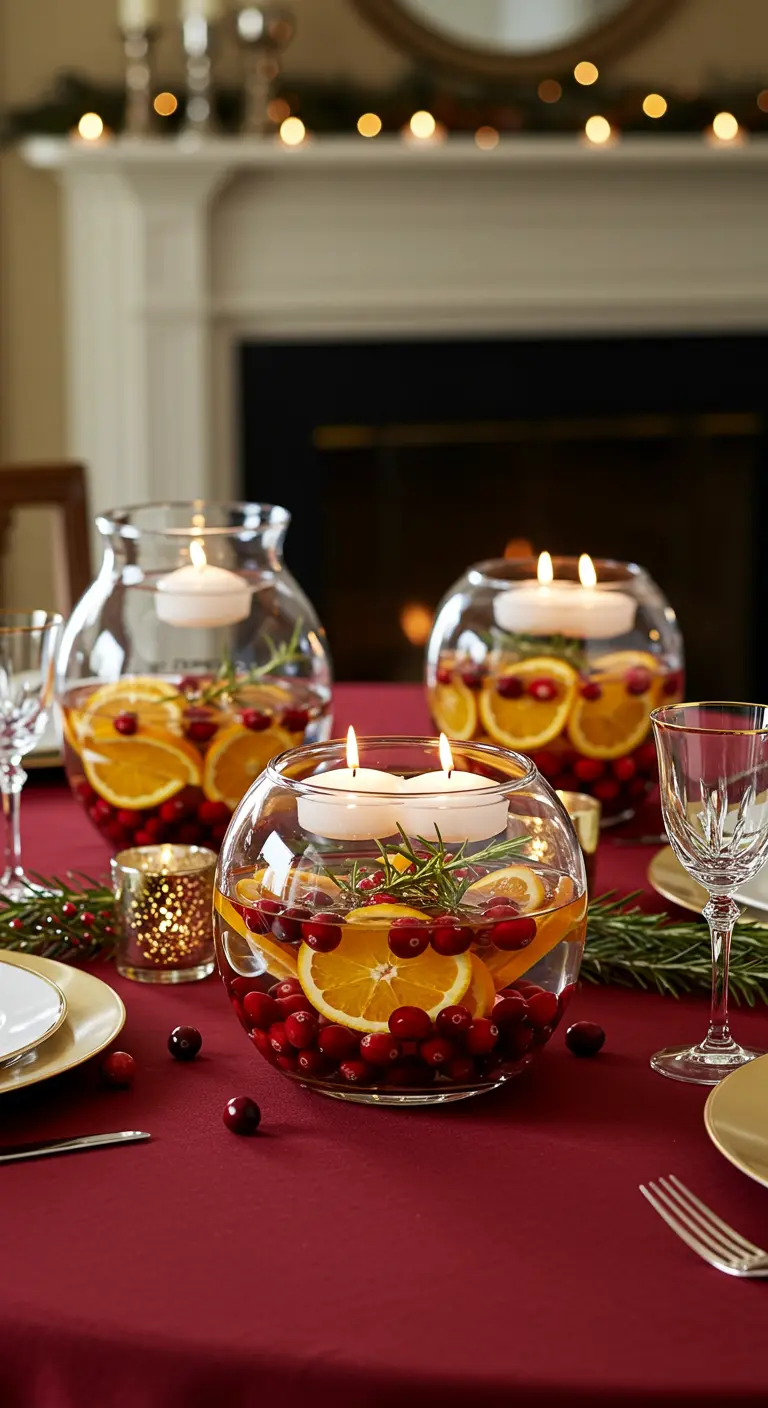 Glass bowls filled with water, cranberries, and orange slices, with floating candles on top.