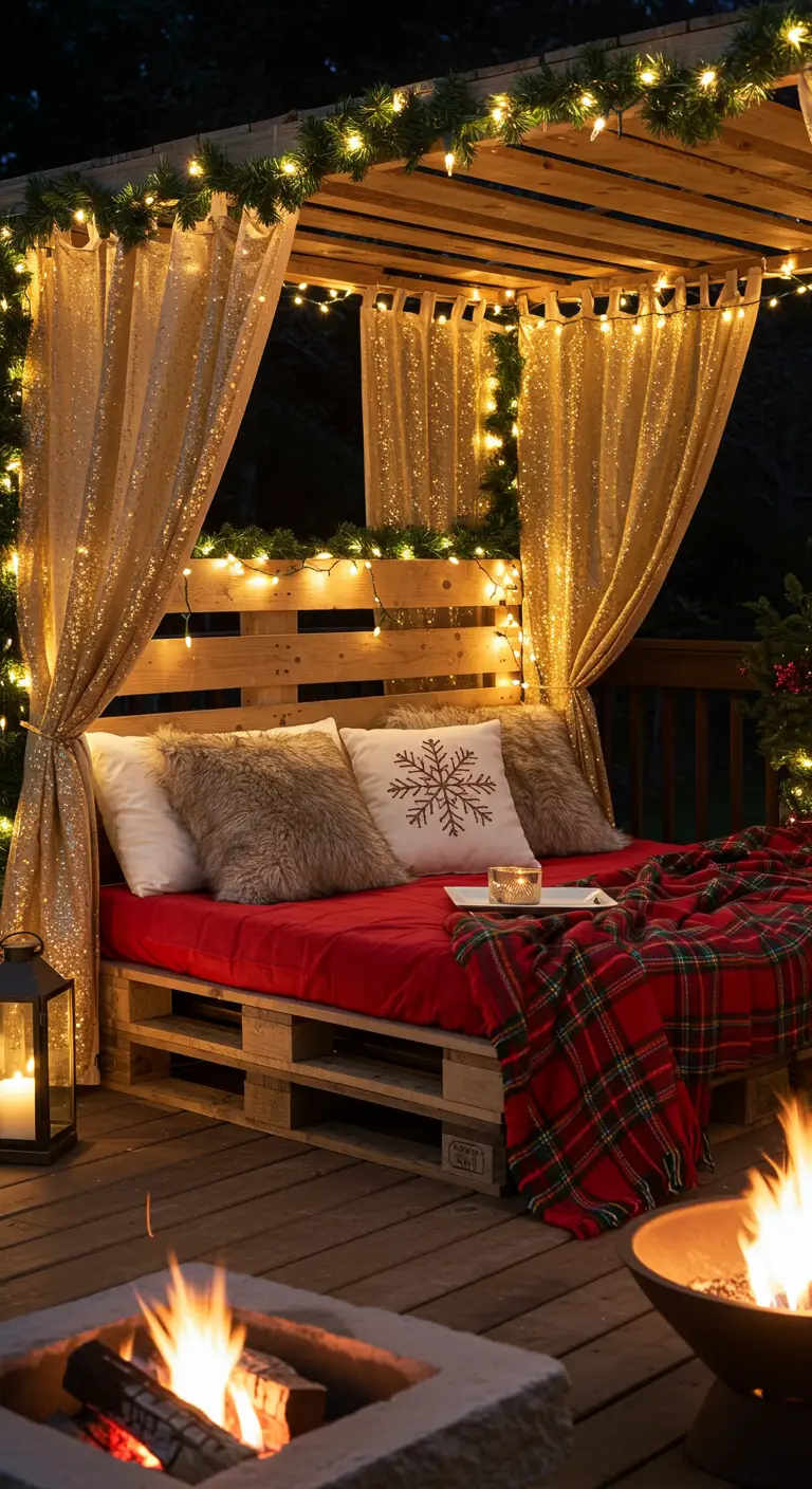 Pallet bed on a deck decorated for Christmas with lights, garlands, and a fire pit.