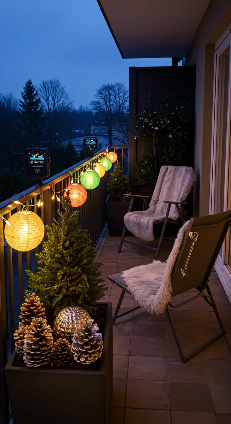 Modern balcony with colorful paper lanterns, fur-draped chairs, and giant pinecones.