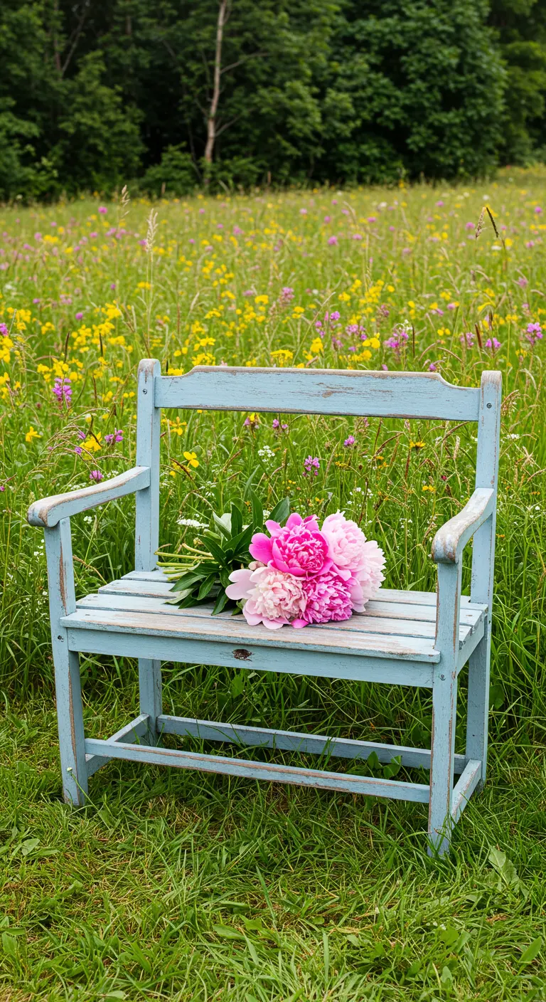 A distressed light blue bench holding a peony bouquet in a wildflower meadow.