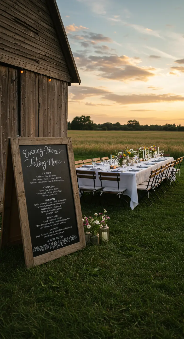 An A-frame chalkboard menu standing in a field next to a long dining table.