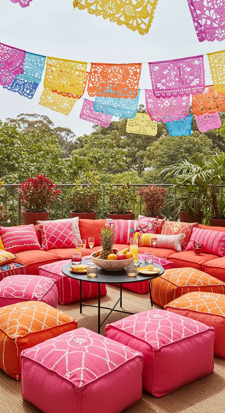 Bright pink and orange poufs on a patio with colorful Papel Picado banners overhead.
