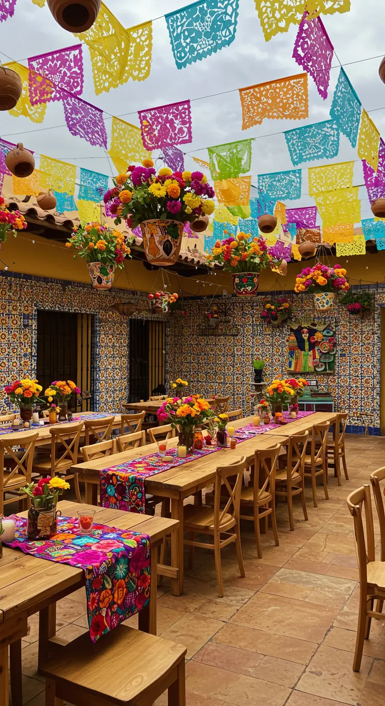 A colorful fiesta wedding with papel picado and hanging flower pots over long tables.