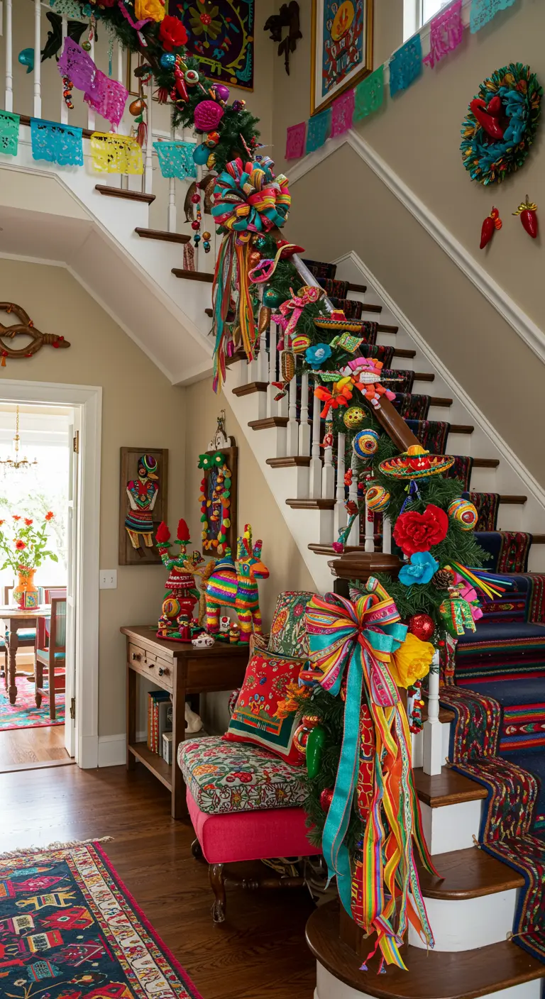 Staircase with colorful Mexican-themed garland, paper flowers, and bright ribbons.