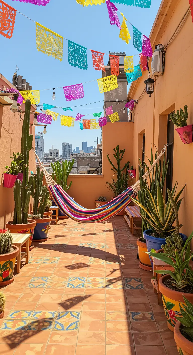 Sunny terrace decorated with colorful banners, a striped hammock, and potted cacti.