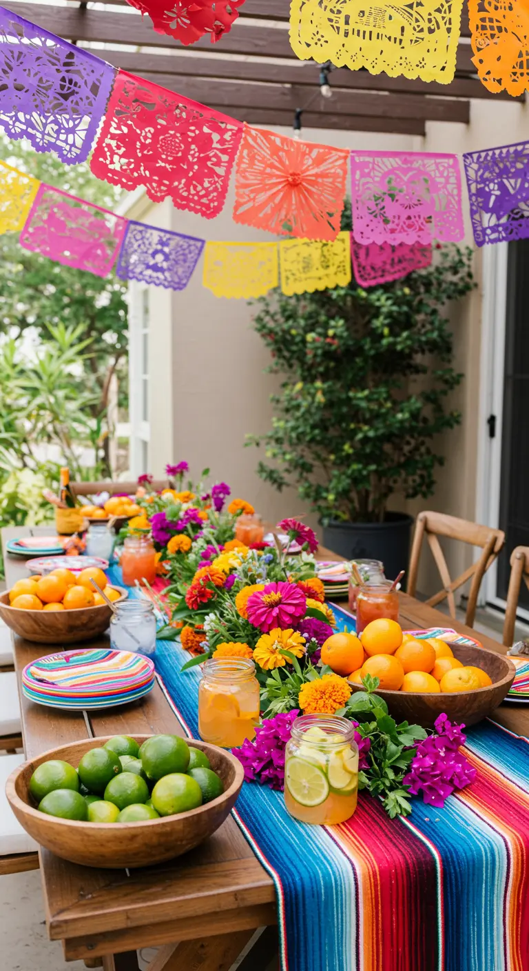 A fiesta-themed table with a serape runner, papel picado, and bowls of citrus and flowers.