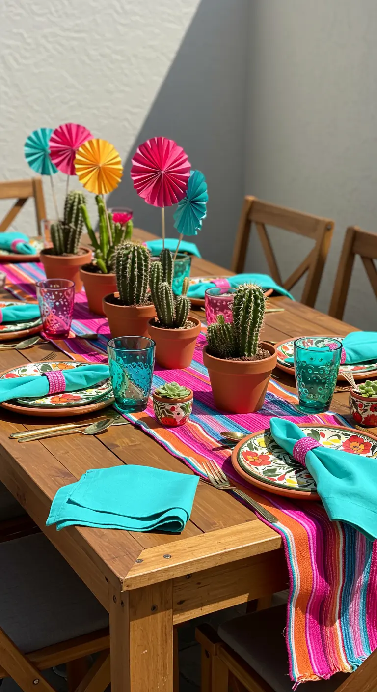 Table with a colorful serape runner and potted cacti centerpiece.