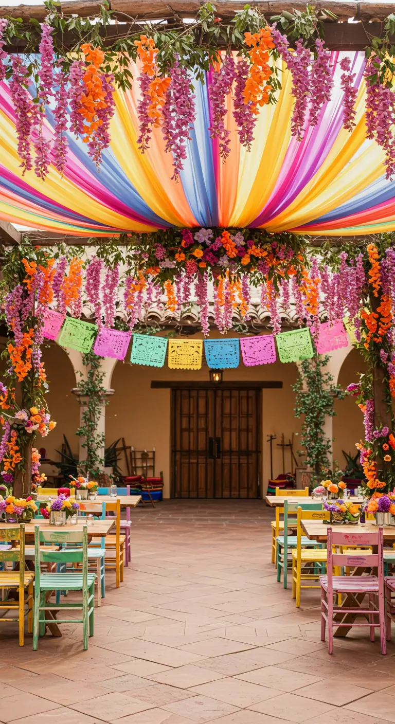 Colorful fiesta wedding with rainbow drapery, vibrant wisteria, and papel picado.