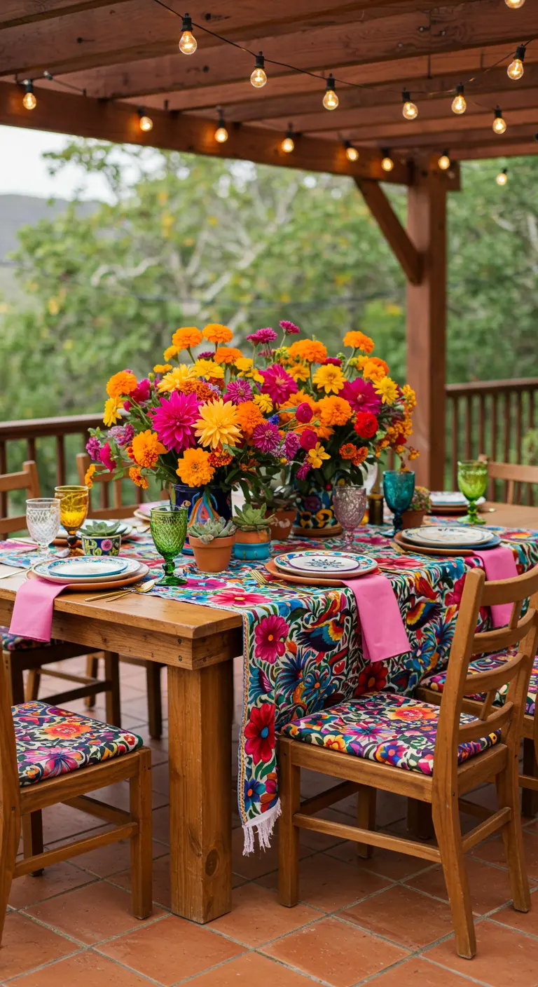 A vibrant outdoor table with a colorful embroidered runner and a huge bouquet of zinnias.