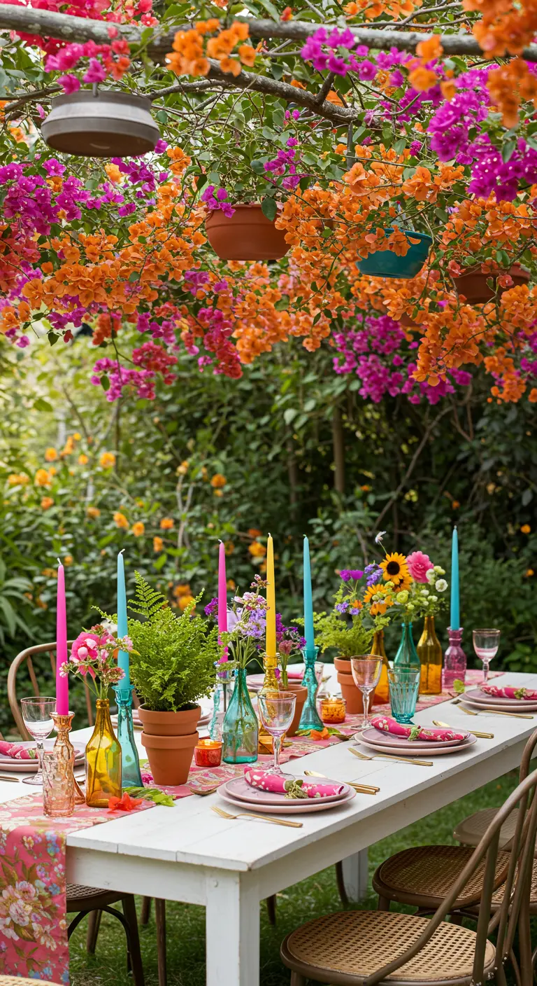 Colorful garden party table under hanging bougainvillea flowers.
