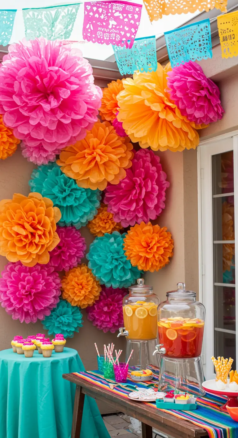 A colorful wall decorated with large, vibrant tissue paper flowers.