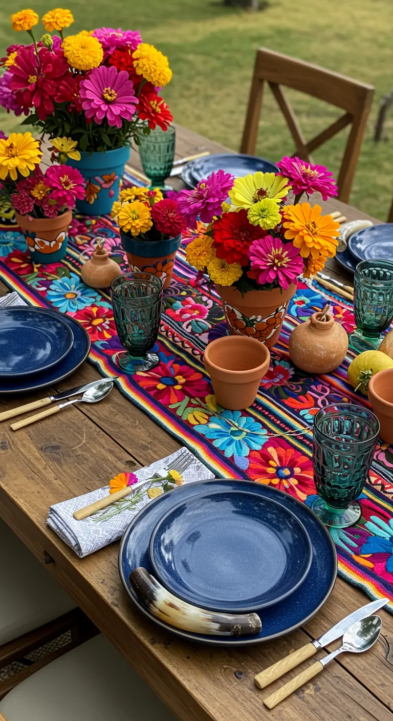 Vibrant fiesta tablescape with a colorful runner and zinnia flowers.