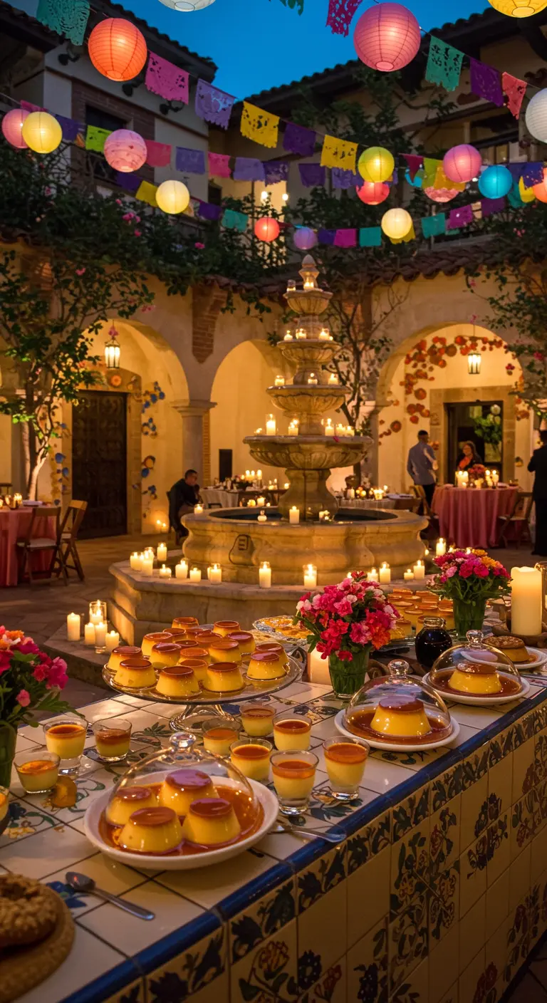 A festive courtyard with a fountain used as a dessert buffet, decorated with candles and paper lanterns.