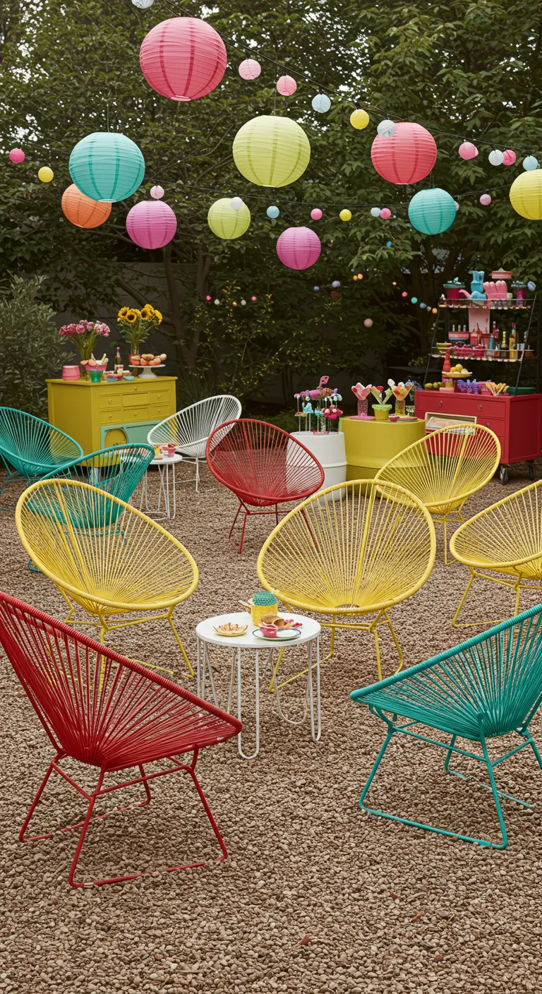 A festive backyard party with numerous colorful wireframe chairs and bright paper lanterns hanging from trees.