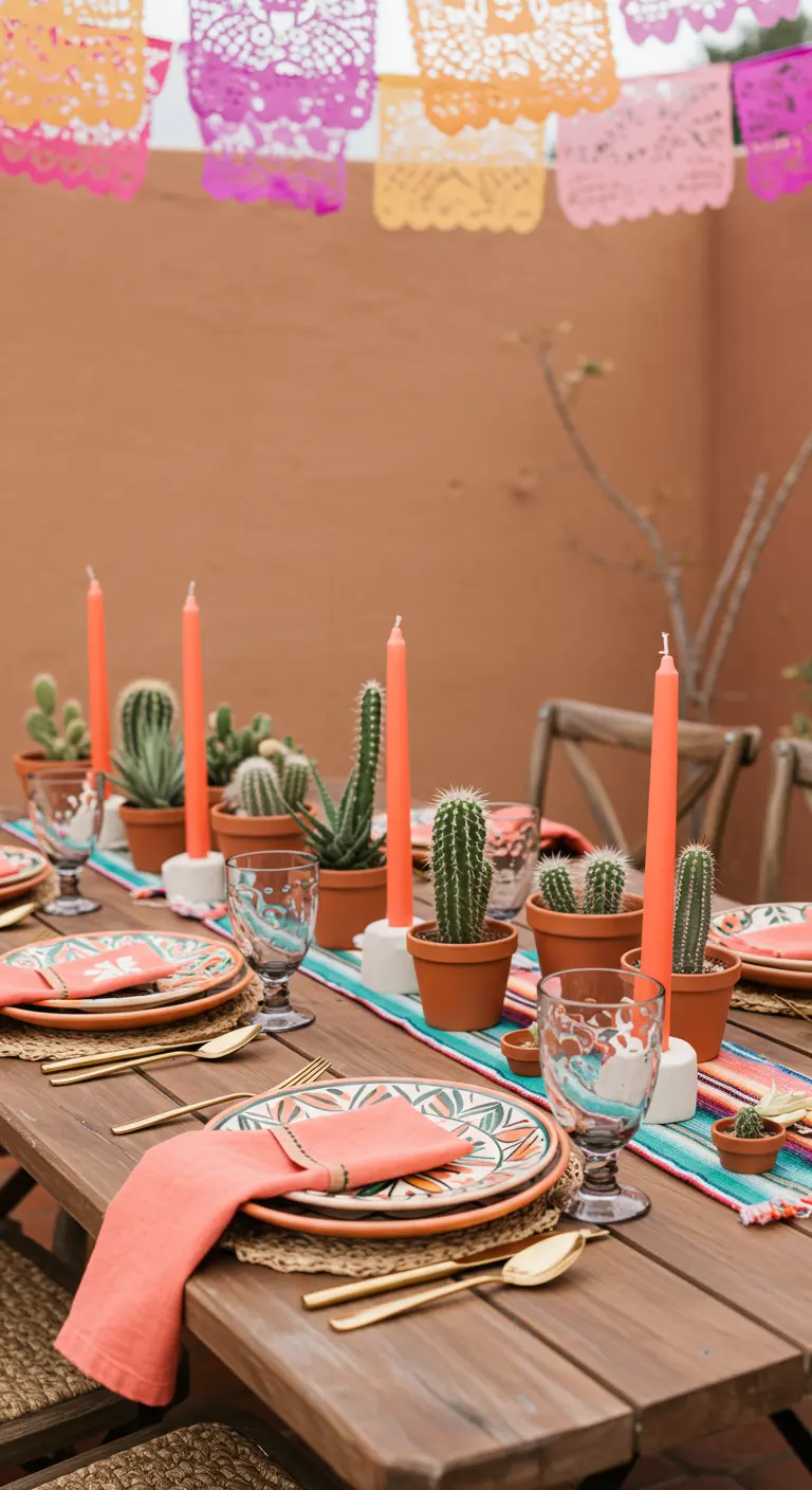 Desert-themed table with mini cacti, coral-pink napkins, and a patterned runner.