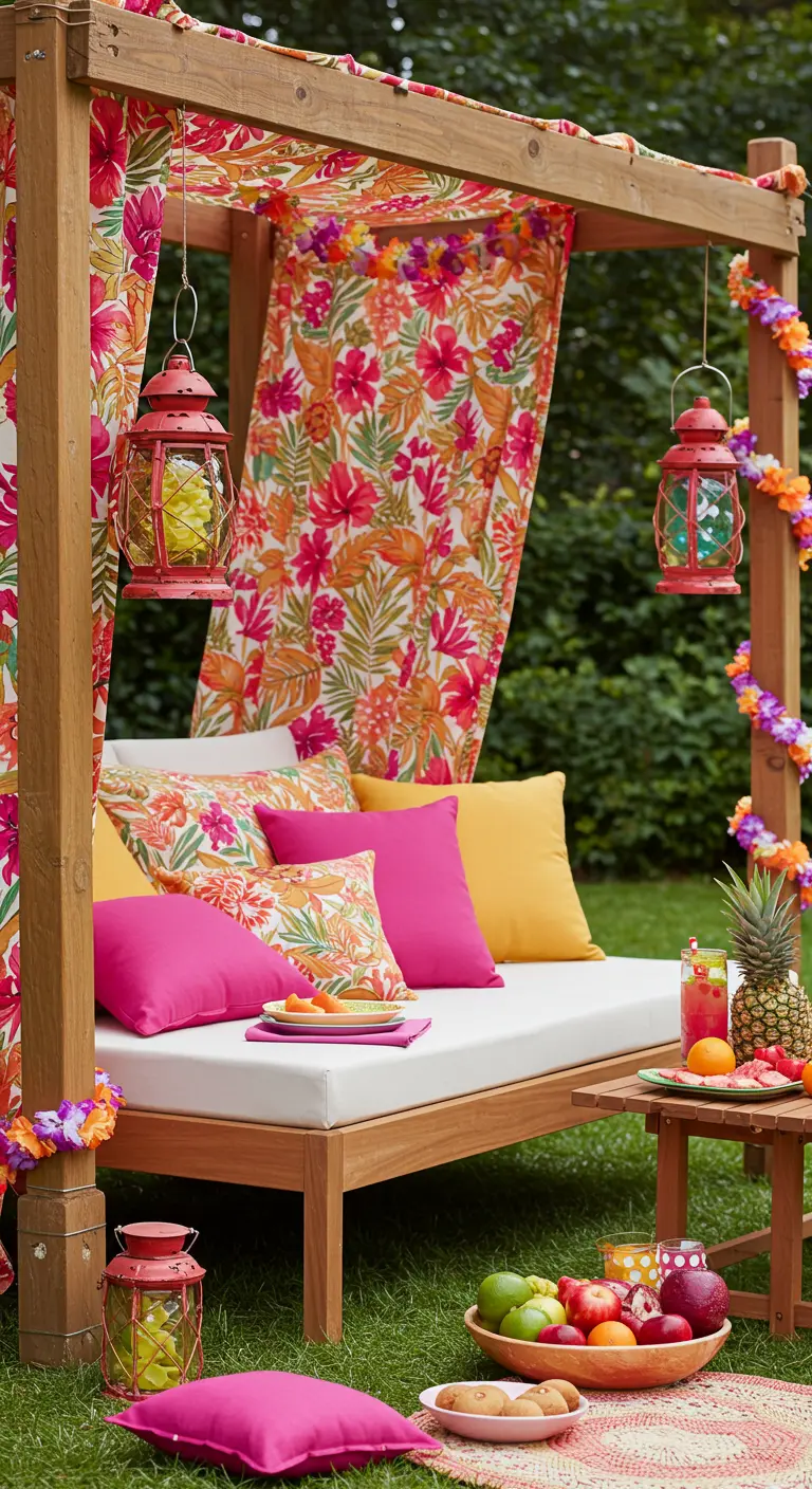 Teak daybed decorated with bright floral drapes, pink pillows, and colorful lanterns.