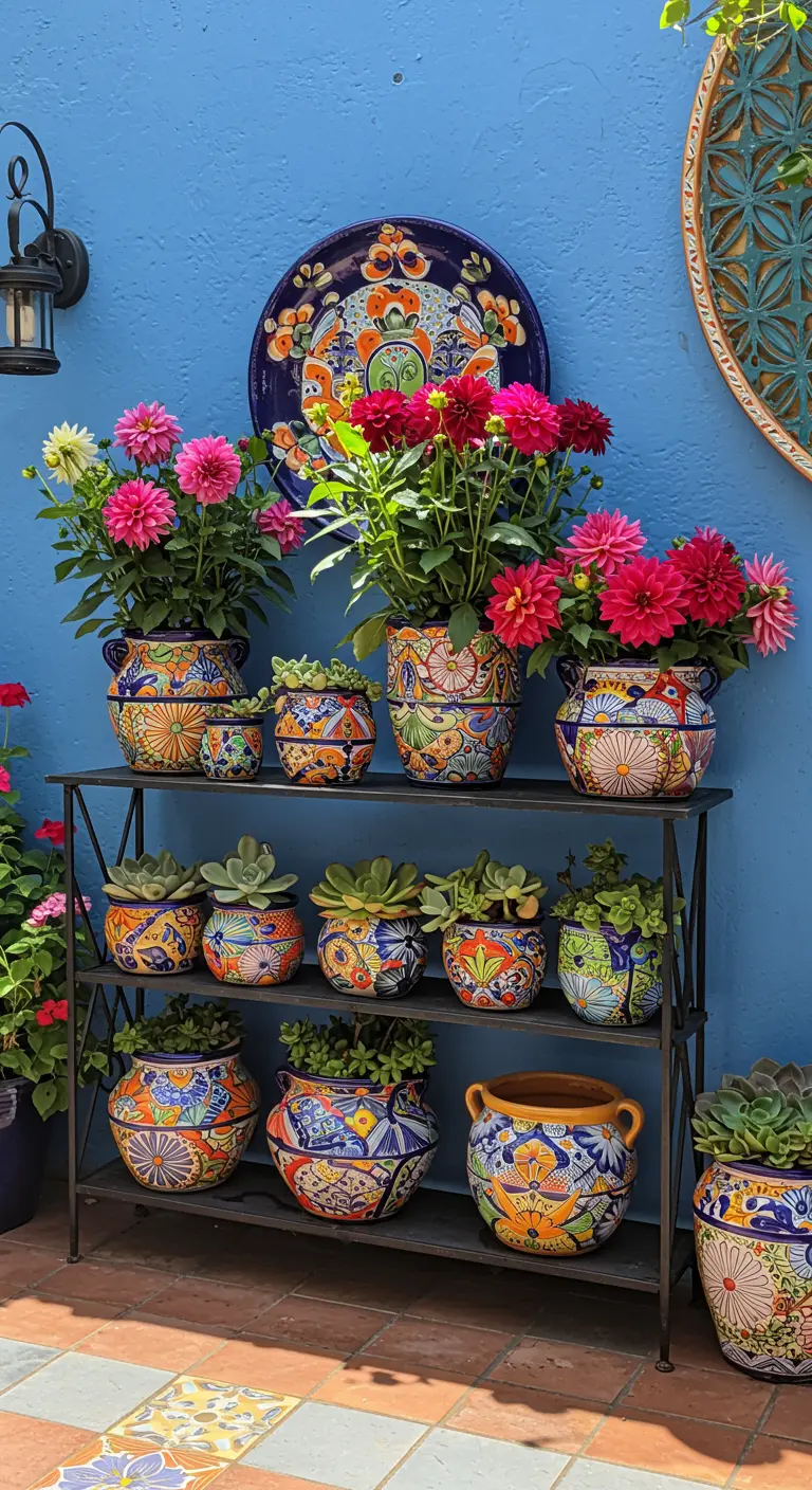 Colorful Talavera planters with dahlias and succulents against a bright blue wall.
