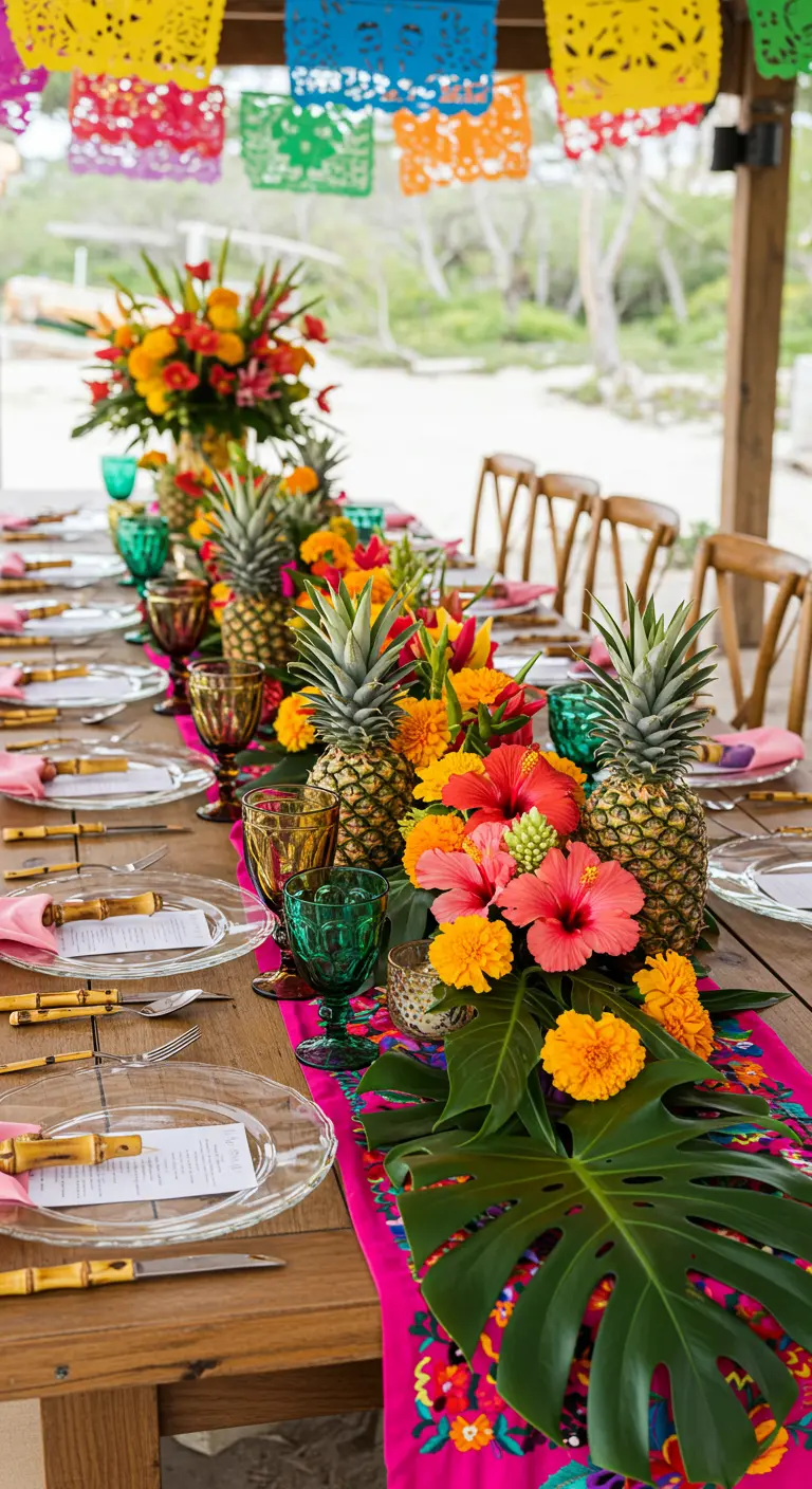 A vibrant table with a pink runner, pineapples, and colorful hibiscus and marigold flowers