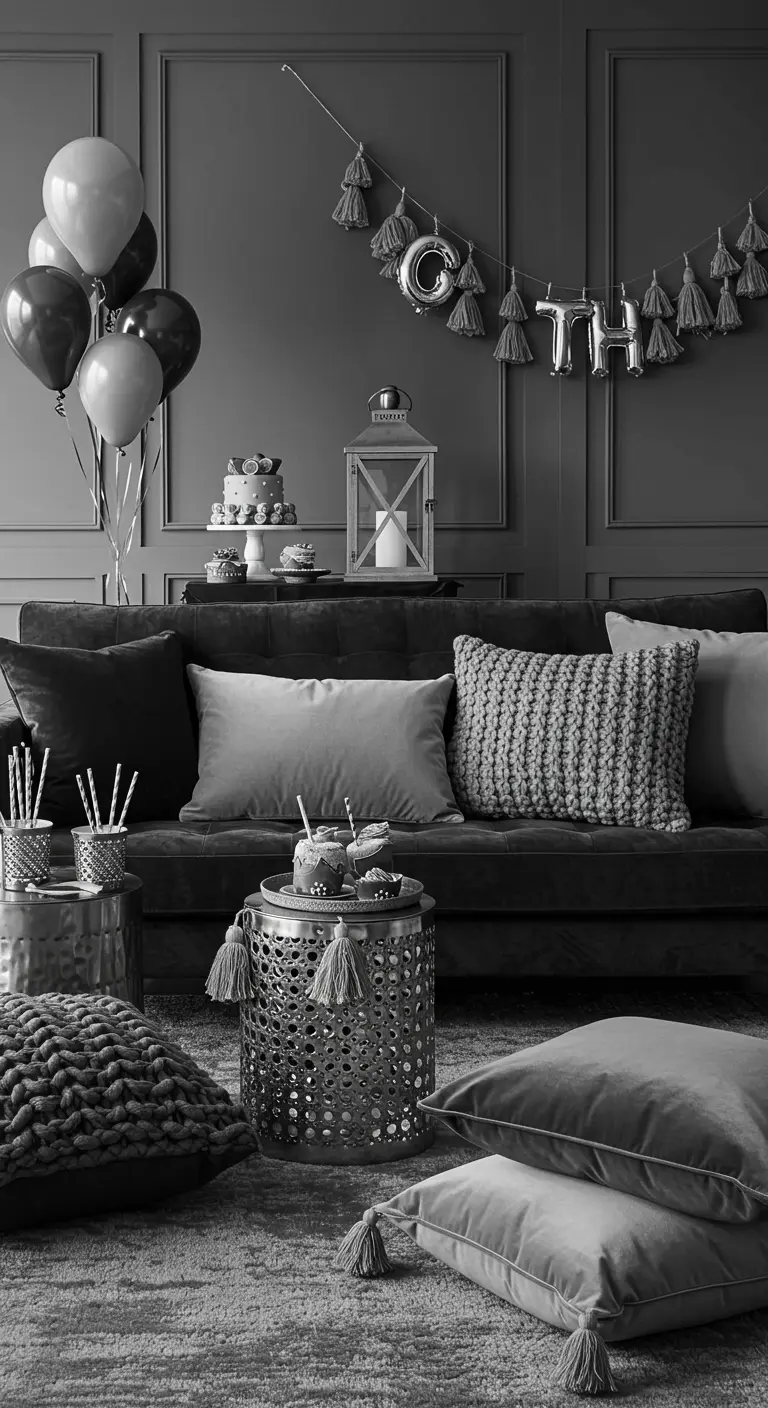 A sophisticated monochrome party setup with grey pillows, a tassel garland, and balloons.