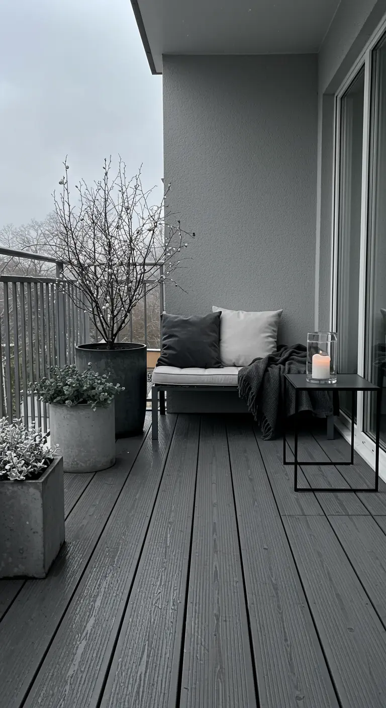 Modern grey balcony with grey planters, a grey bench, and minimalist decor.