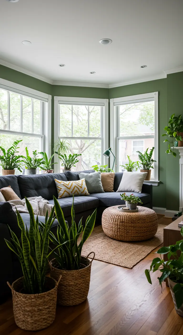 A living room with a dark sectional sofa nestled into a bay window filled with many plants.