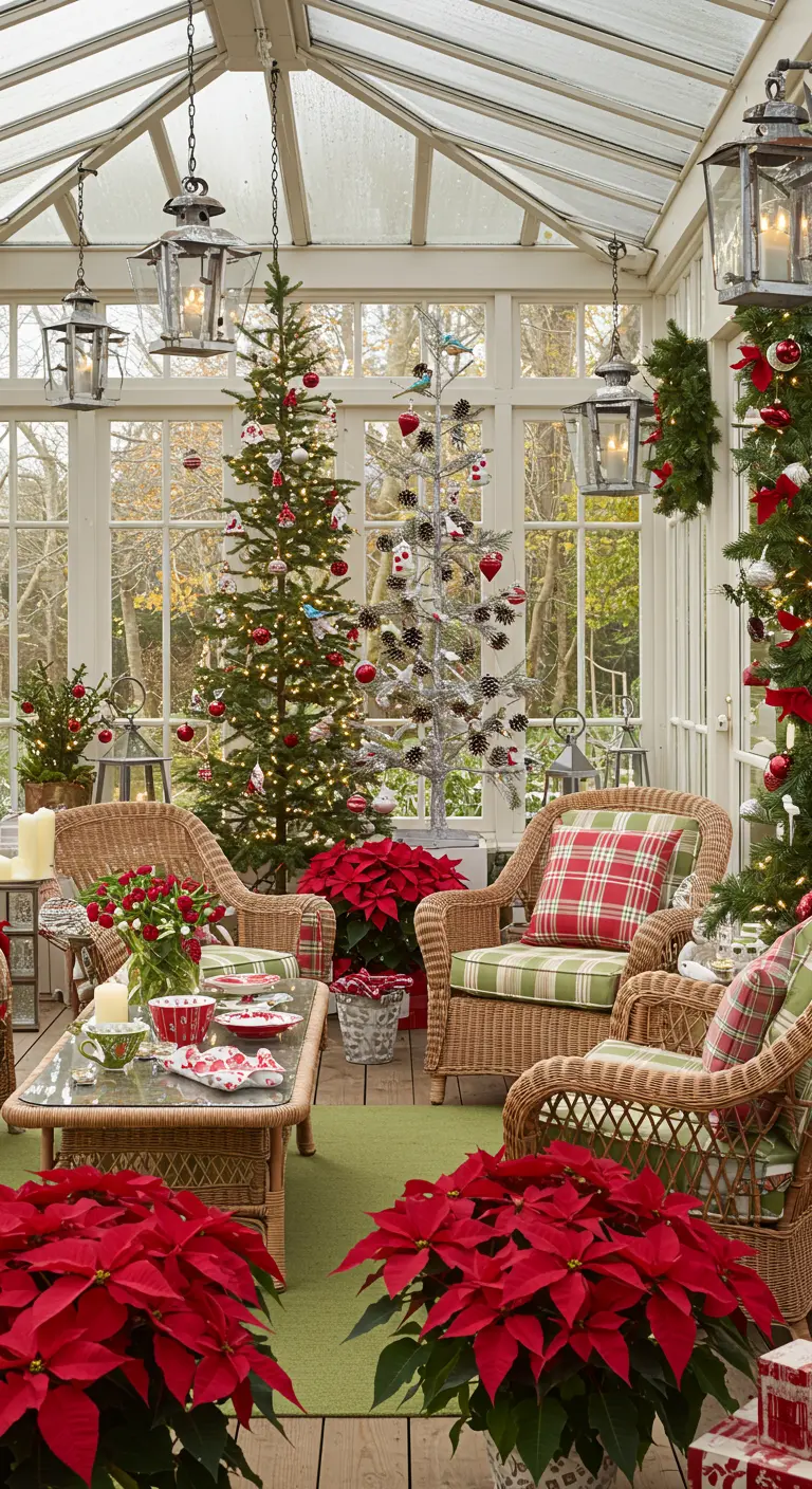 A sunroom filled with multiple Christmas trees, poinsettias, and wicker chairs.