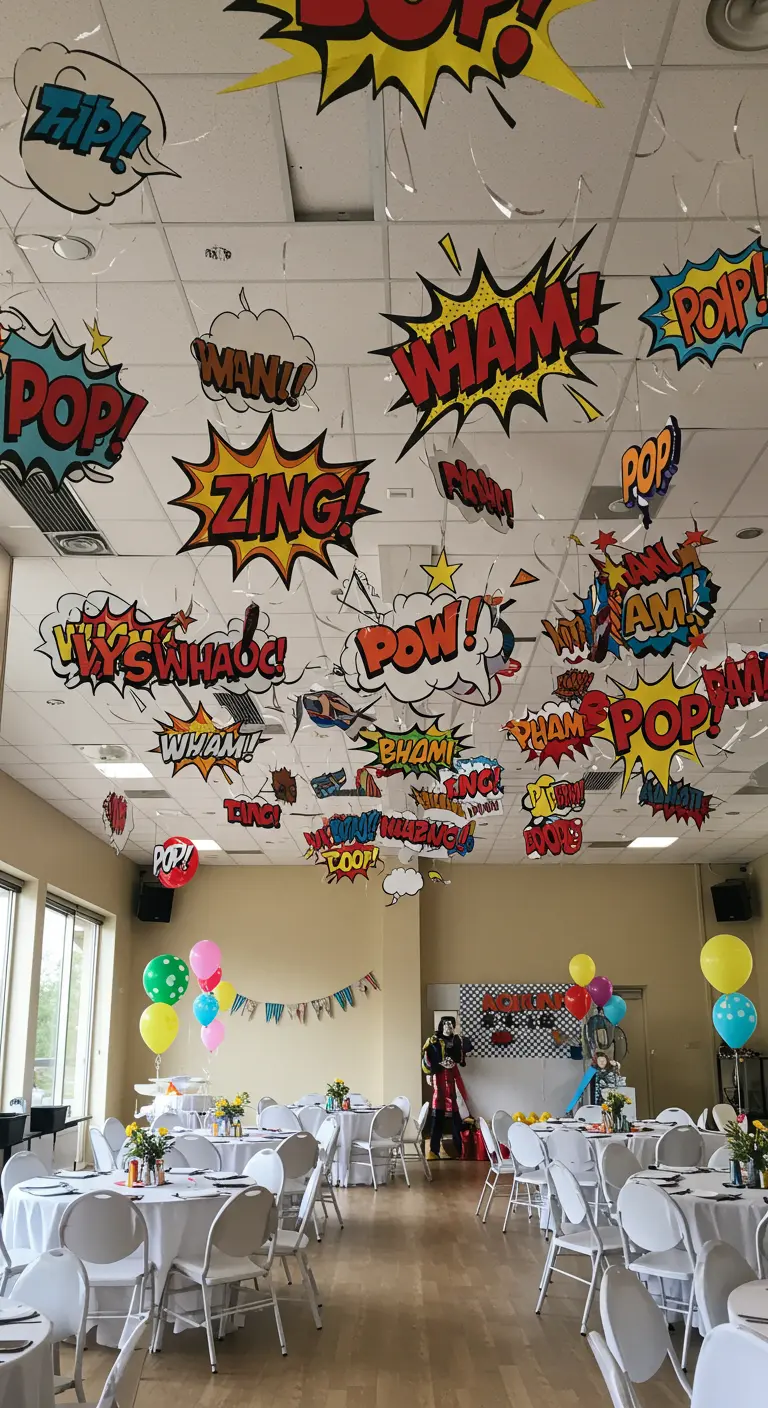 Ceiling filled with hanging comic book sound-effect cutouts.