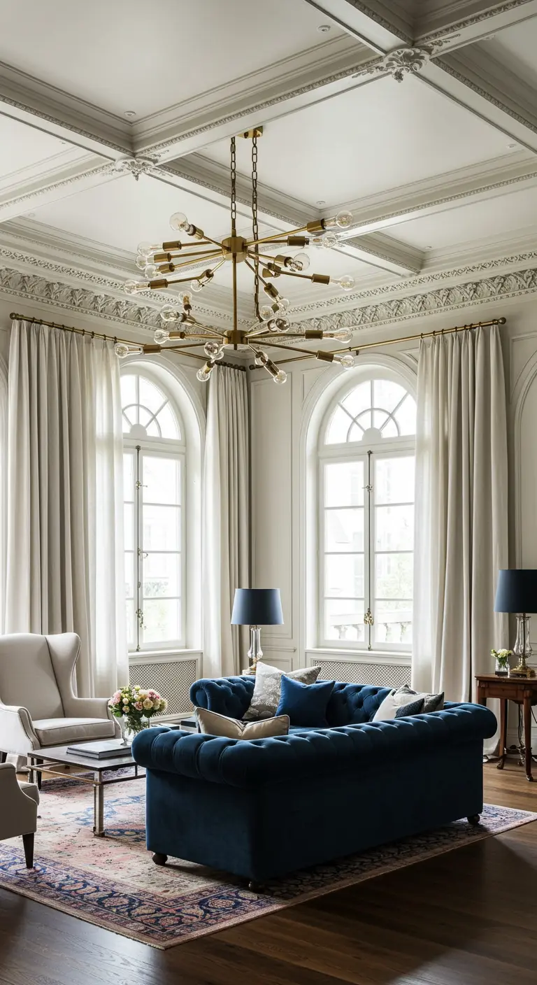 A grand living room with a navy blue velvet Chesterfield sofa and a large brass sputnik chandelier.
