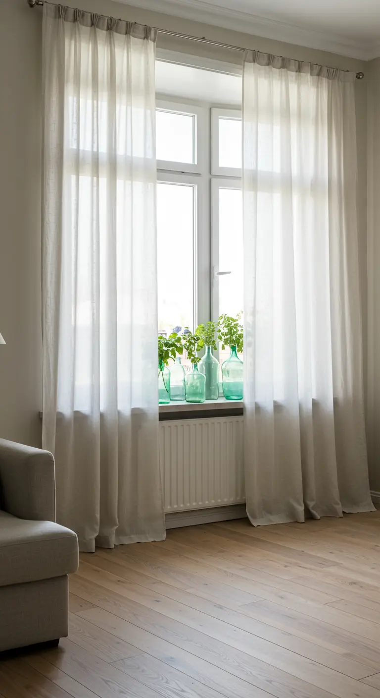 Sheer white linen curtains hanging on a large window over a radiator.