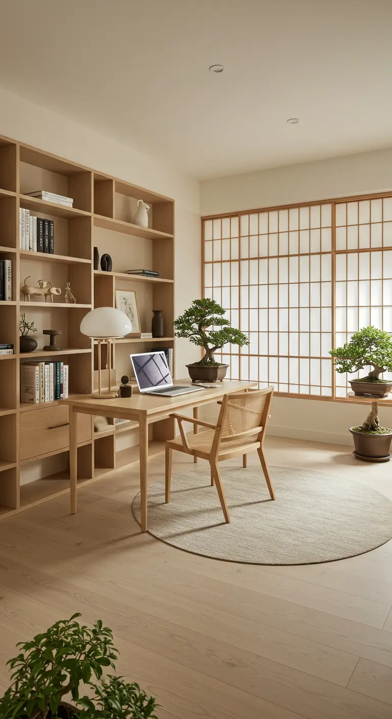 A Japandi home office with light wood shelving, a desk, and a shoji screen window.
