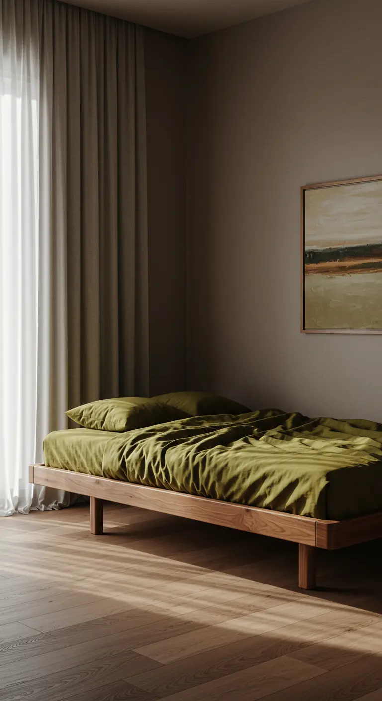 Neutral bedroom with a low wood bed and floor-to-ceiling sheer curtains in a matching tone.