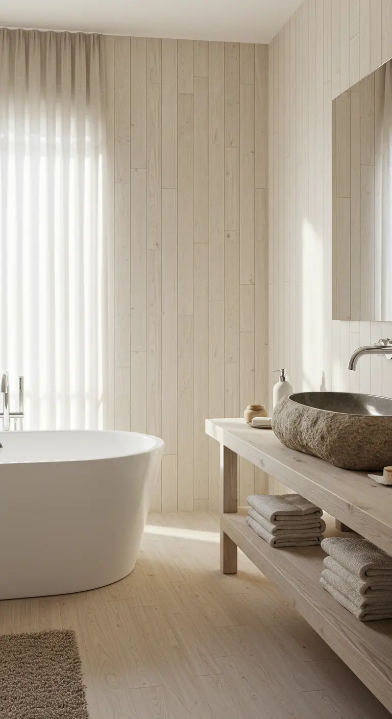 Bright bathroom with whitewashed wood walls, a sheer curtain, a white tub, and a stone basin.