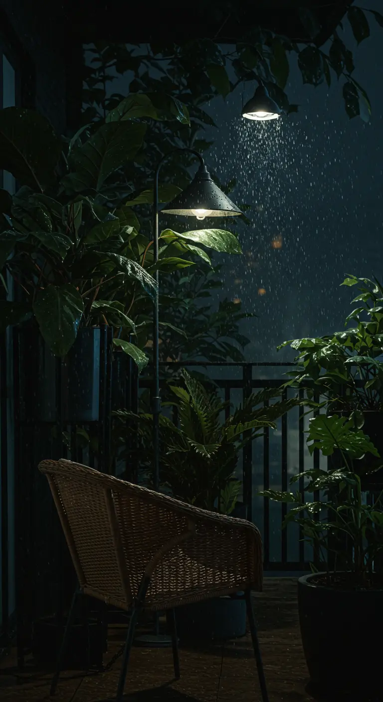 A dark, moody balcony at night in the rain, with a single lamp illuminating the wet plants.