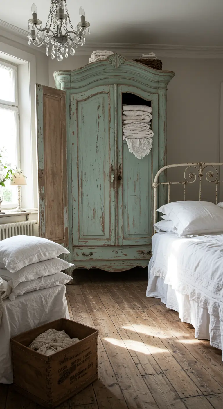 A distressed green armoire with its door open reveals a stack of folded white linens.