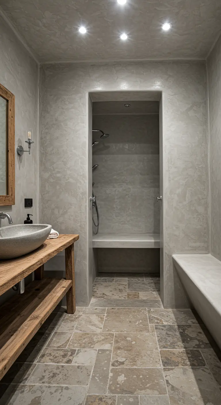 Rustic bathroom with textured gray walls, a reclaimed wood vanity, and a stone sink.