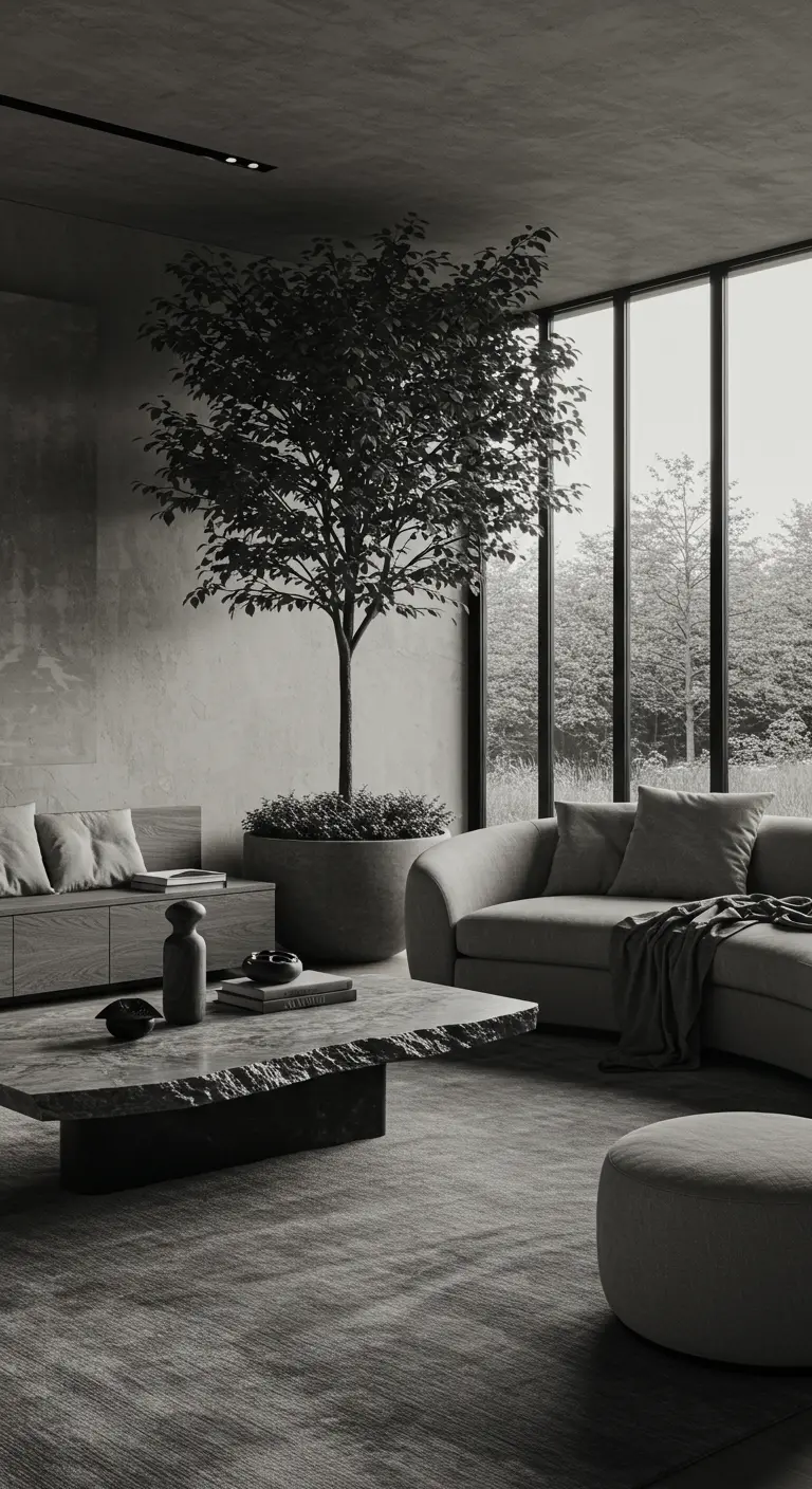 Minimalist living room with concrete walls, a large indoor tree, and a raw stone coffee table.