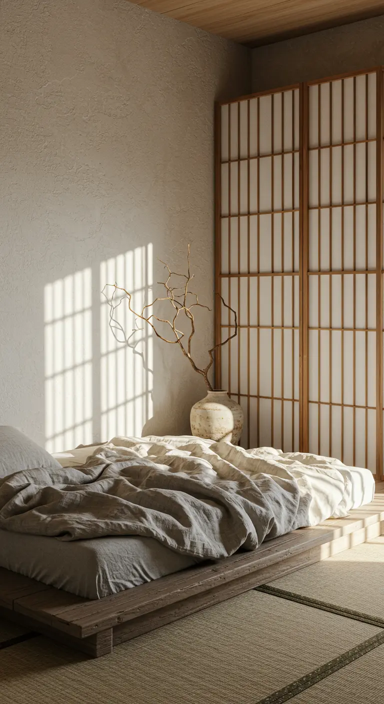 Wabi-sabi bedroom with a textured wall, low wood bed, and a vase with a dry branch.