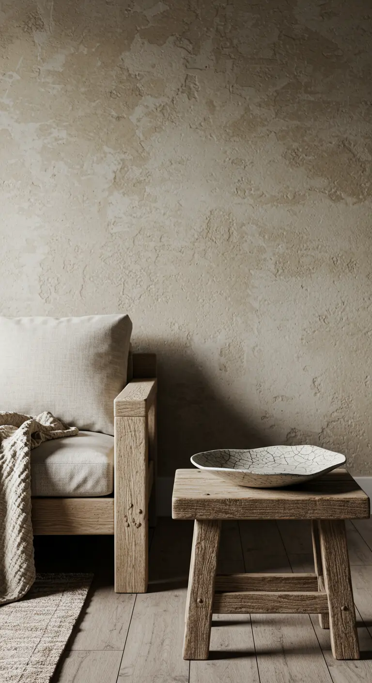 A rustic wooden stool and chair next to a textured wall, with a crackle-glaze bowl.