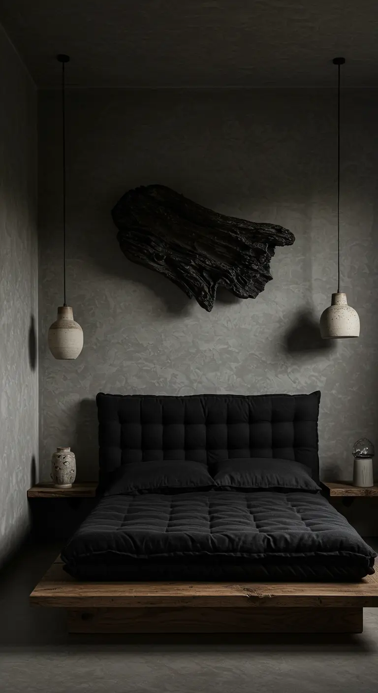 Wabi-sabi bedroom with textured gray walls and a large driftwood art piece.