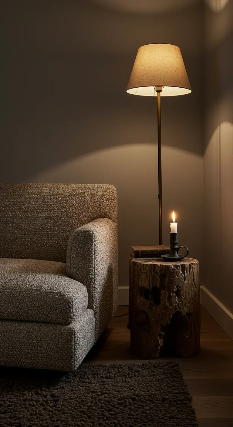 A textured sofa next to a tree stump side table holding a book and a lit candle.