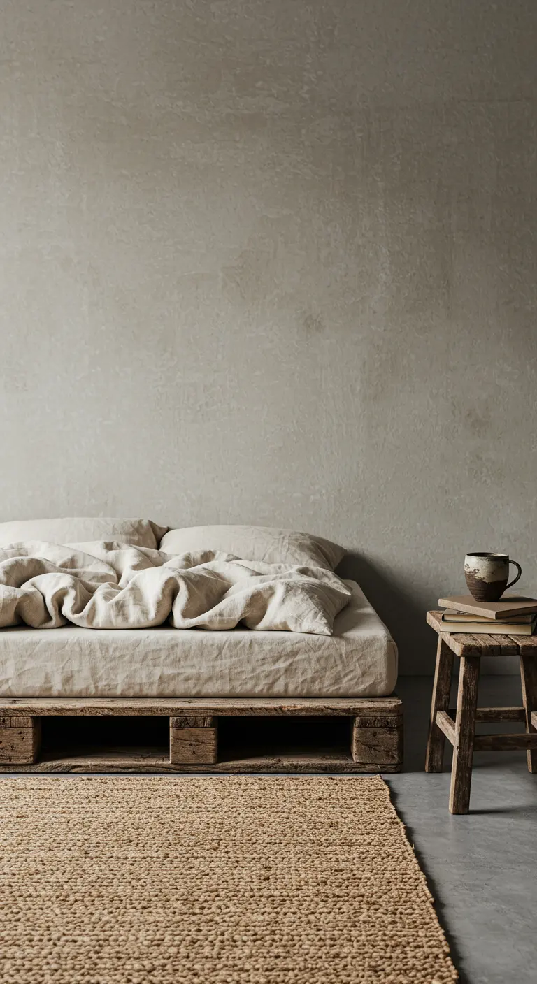 Minimalist bedroom with a pallet bed, concrete walls, a jute rug, and a rustic stool.
