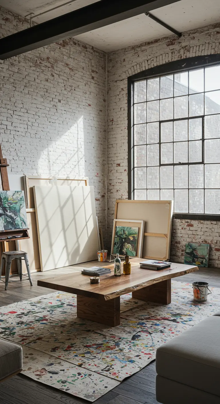 Artist's loft with a live-edge table on a paint-splattered rug, surrounded by canvases.