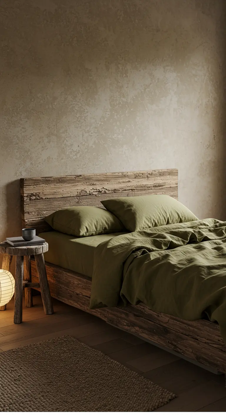 Rustic bedroom with a reclaimed wood bed and olive green linen bedding.